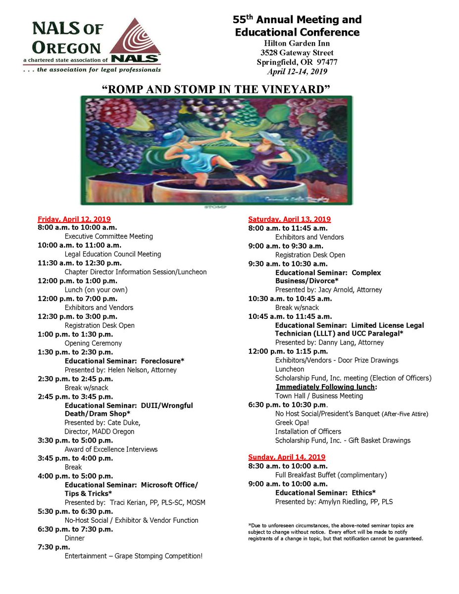 NALSofOregon's tweet photo. NALS of Oregon 55th Annual Meeting and Educational Conference is set for April 14, 2019. Register today!! (Please note the room block at Hilton Garden Inn will be released March 21, 2019.) https://t.co/1lYOr1V7jk