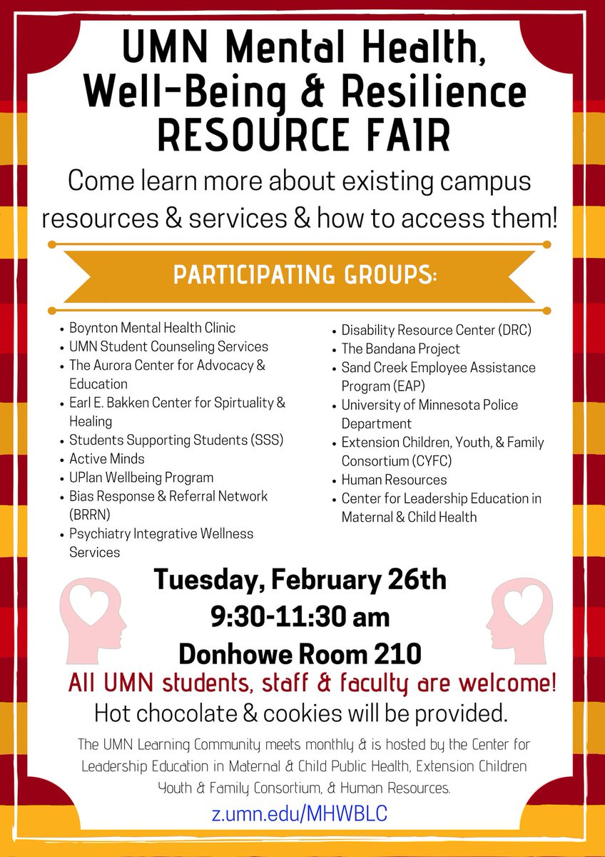The countdown is on for the Learning Community Resource Fair on February 26th from 9:30am - 11:30am in Donhowe Building 210! Please join us for networking and to learn about mental health resources on campus