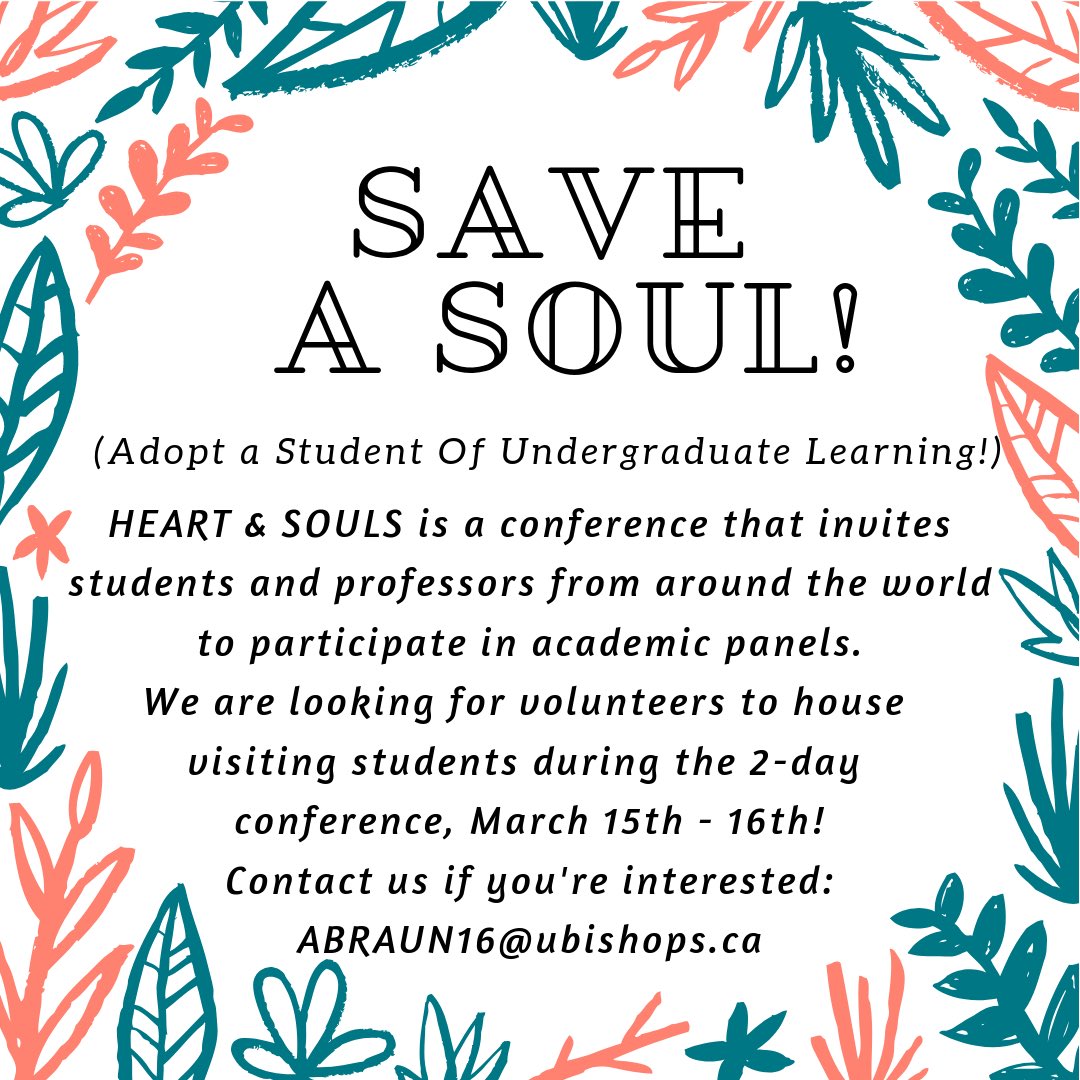 Every year we ask for YOUR HELP to house our conference panelists. Adopt-A-Duck has also been rebranded!
Our Save-A-SOUL program is looking for volunteers to house our visiting students! 
Got an extra couch or bed? Save-A-SOUL!

For more information contact: ABRAUN16@ubishops.ca