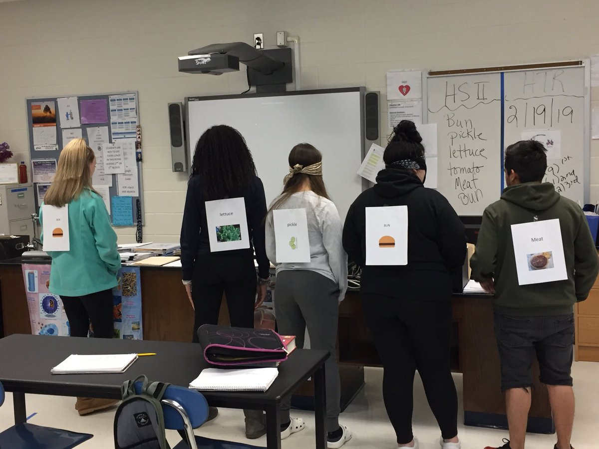 HTR students practicing teamwork skills by putting themselves in teams to create “a burger”.  The teams had to create the burger toppings in a particular order! Fun!@TheOfficialCvHS@jennasauls@JCPSCTE