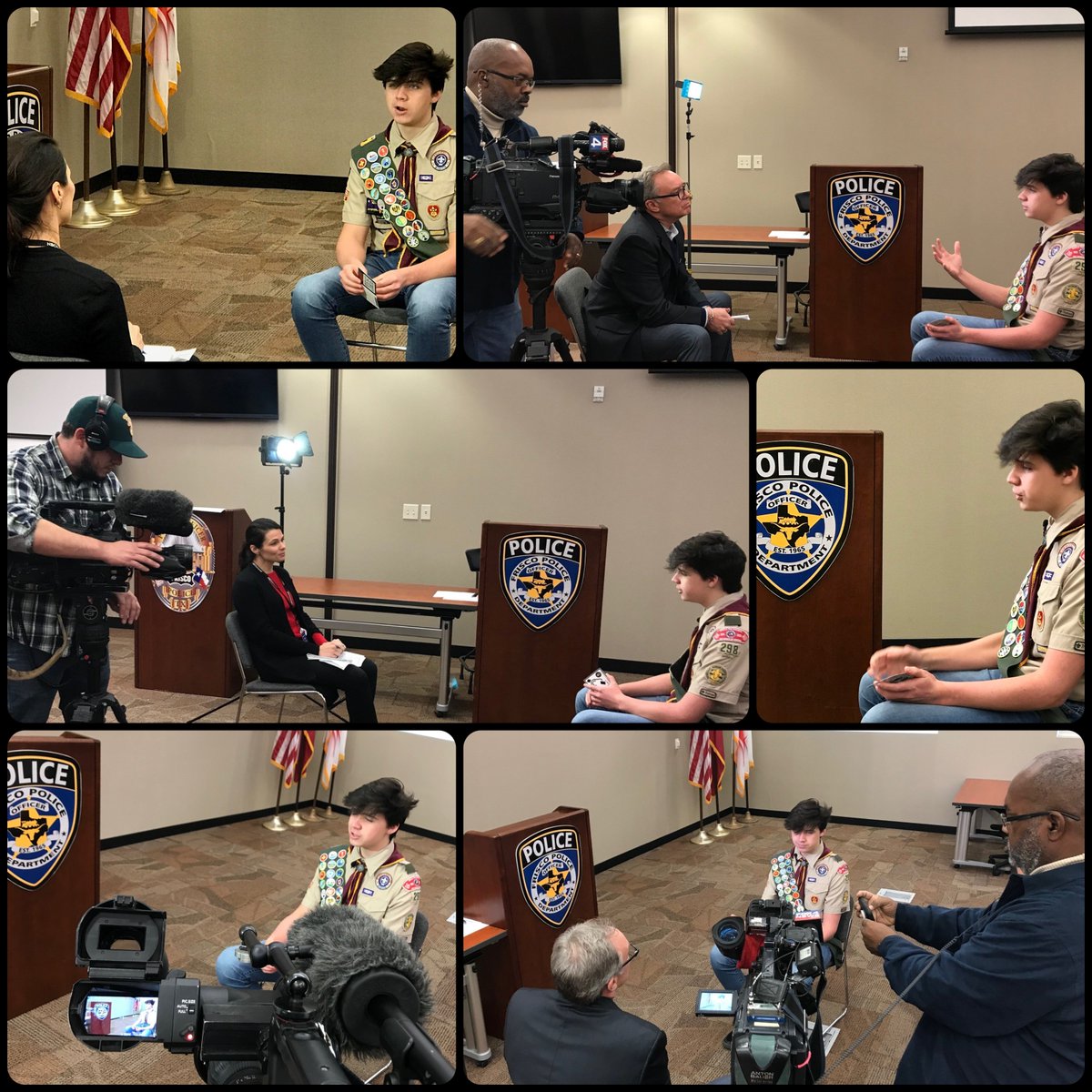FriscoPD's tweet photo. Jack being interviewed about his Eagle Scout project...if he was nervous, we couldn't tell. Many thanks to @DianaNBC5 @NBCDFW @JamesRoseFox4 @FOX4 and all of our media partners for getting the word out! https://t.co/v6f2tDjU2C