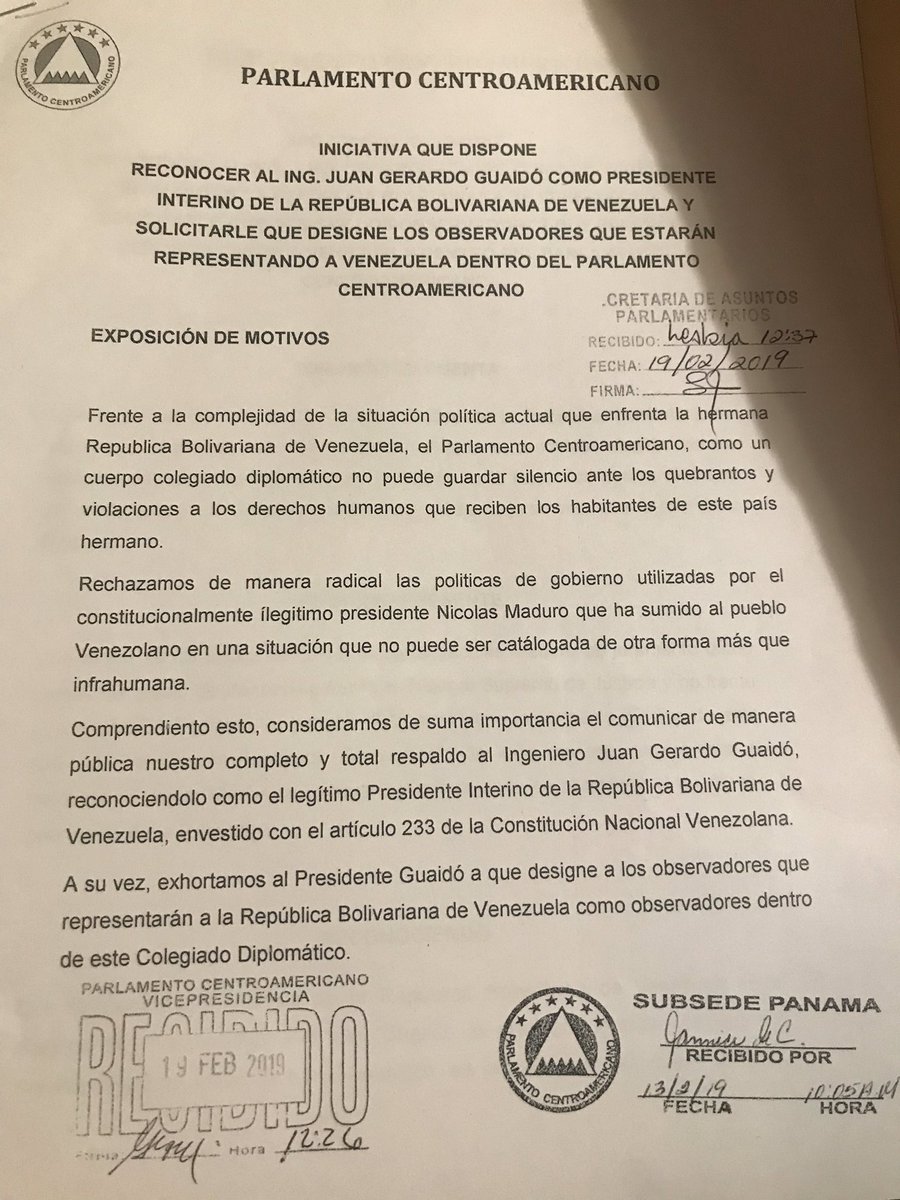 Hoy hemos presentado en <a href="/PARLACEN/">PARLACEN</a> iniciativa legislativa que  dispone reconocer a <a href="/jguaido/">Juan Guaidó</a> como Presidente Interino de Venezuela y que sea el quien envíe los observadores a este organismo