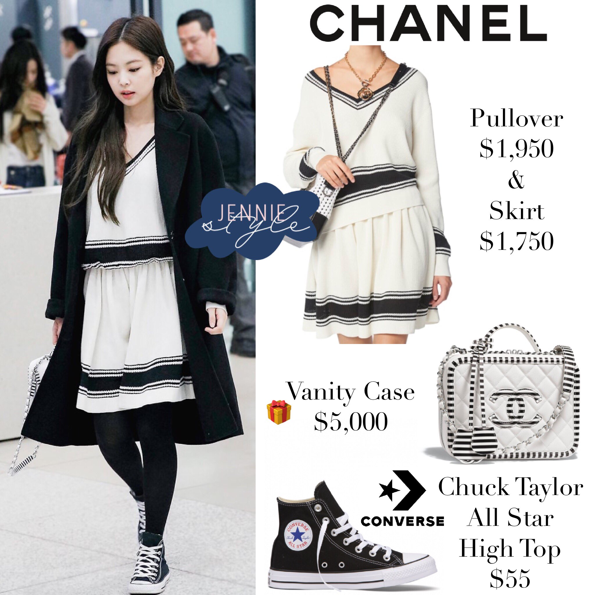 Jennie Style on X: Incheon Airport 190510 #chanel Cardigan $2,600, Chanel  x Pharrell Flap Bag $9,000 & Converse Chuck Taylor All Star High Top $55  #jennie #jenniekim #blackpink #blackpinkfashion #blackpinkstyle  #jenniefashion #jenniestyle