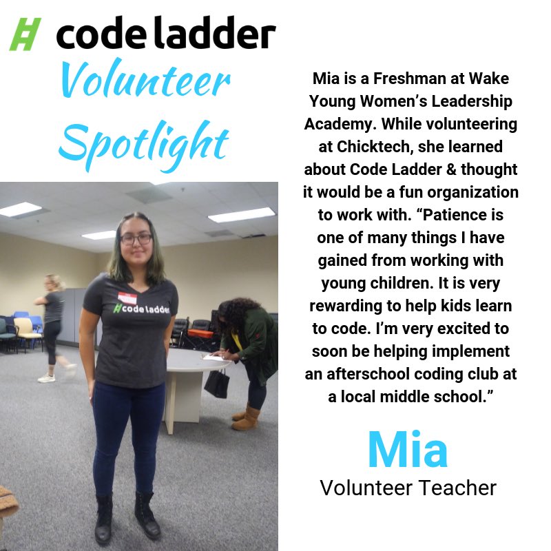 codeladder's tweet photo. Mia is an amazing, young mentor to kids at coding classes we offer at @bbbstri 
Thank you Mia! 

#codinglife #jobsofthefuture #codingforbeginners #raleightech #codingisfun #codinforkids #leadership #volunteer #technology #stemgirls #stemeducation #womeninscience #womenintech https://t.co/gRoZQYsgQT