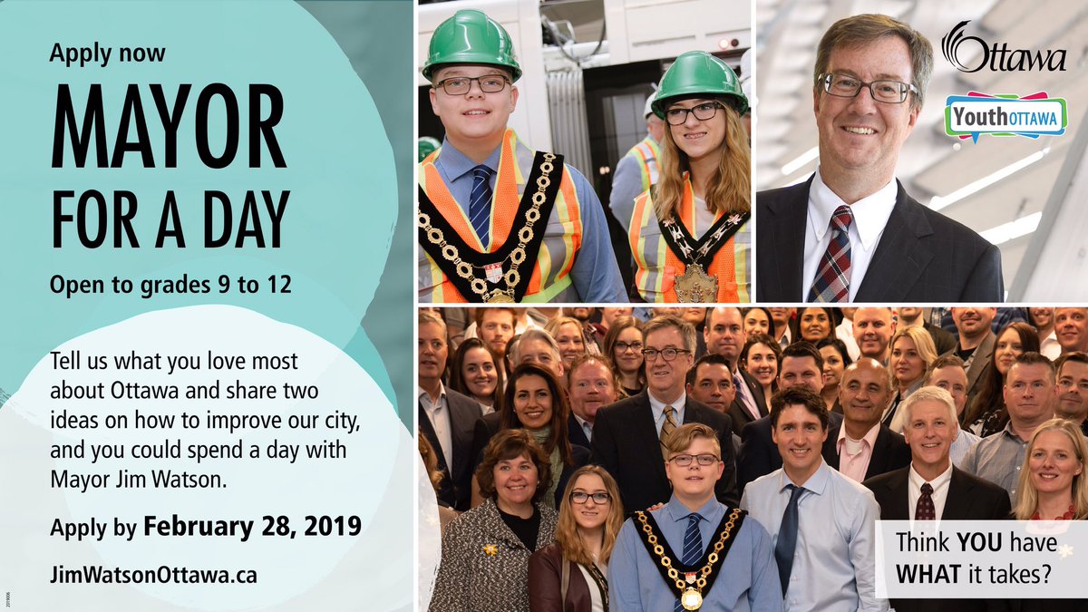 JimWatsonOttawa's tweet photo. Know a Grade 9-12 student who wants to be Mayor for a Day? Have them tell us what they love about the City of Ottawa and their 2 ideas to improve it by Feb 28th https://t.co/UmiLJyfBjS  #OttYouth    @Youth_Ottawa (OYEC) @OttCatholicSB @OCDSB https://t.co/iWPUeiwymt