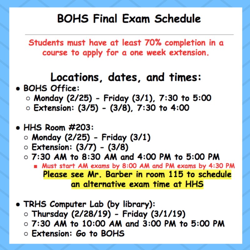 BOHSMountaineer's tweet photo. Final exams are happening! To facilitate the number of tests that will need to be taken next week, we have established extra hours and locations. Good luck and finish strong! #BOHS #GoMountaineers #FinalsWeek @bjsd93 @BeesAdmin @Hillcrest_H_S https://t.co/UvrHSUIOwr