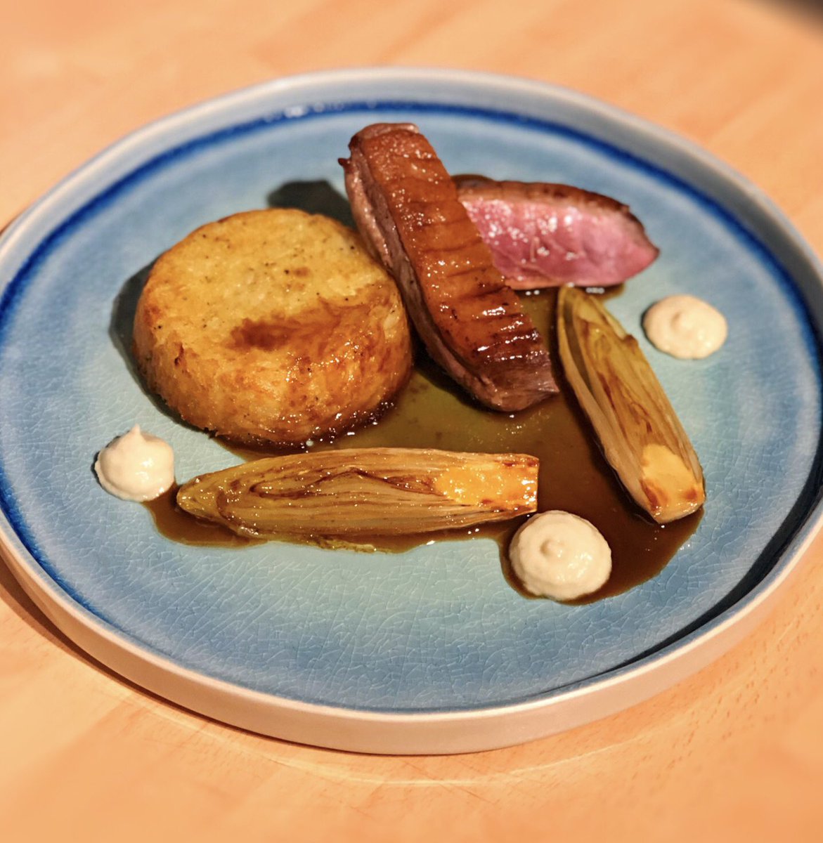 Wanted to get back in the kitchen and cook something a bit special ... Pan Fried #Duck Breast with #Potato Rosti, Caramelised #Chicory, #Shallot Purée and a Duck Reduction.

#wilmslow #styal #masterchef #masterchefuk #cheshire #knutsford #alderlyedge #foodie #beautifulfood