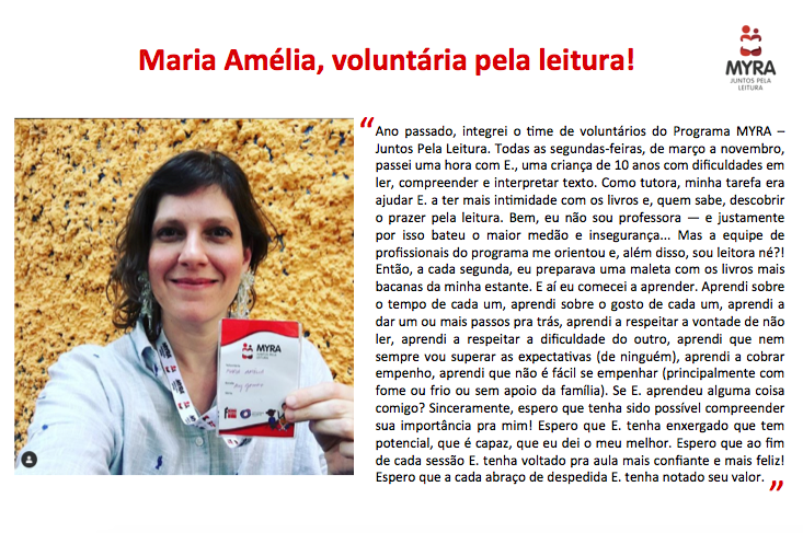 Fundacaosm's tweet photo. #ProgramaMyra #VoluntárioMyra2019 #aeducaçãonosmove
A Maria Amélia deu essa lindeza de depoimento, que compartilhamos com você, sobre a experiência de atuar como voluntária do Myra em 2018.
Quer participar também? Saiba mais e inscreva-se aqui:
https://t.co/RxRO6ALAjZ https://t.co/5GAYf31ct2