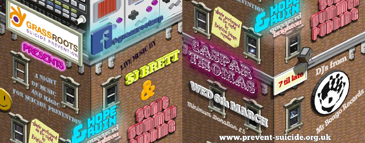 We have teamed up with some top performers, bands and DJ's to bring you 'Music &amp; Magic for Suicide Prevention'. The 1st of our bi-monthly #ChangeMaker gigs! Join us 6 March <a href="/thehopeandruin/">The Hope & Ruin</a> Tickets £5+bf adv / £5 otd (minimum donation £5) <a href="/RealTalkHeroes/">RealTalk</a> bit.ly/gspgigmarch