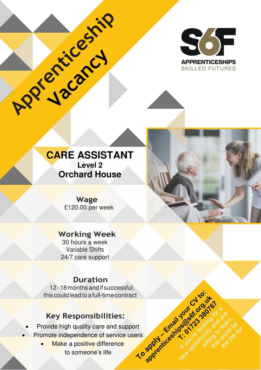 S6FAPPRENTICES1's tweet photo. Fantastic opportunity to train as a Care Assistant at Orchard House in Scarborough with S6F Apprenticeships. Email your CV to apprenticeships@s6f.org.uk 
#S6FApprenticeships #EarnWhileYouLearn #ScarboroughSixthForm https://t.co/k7xkXSR8ez