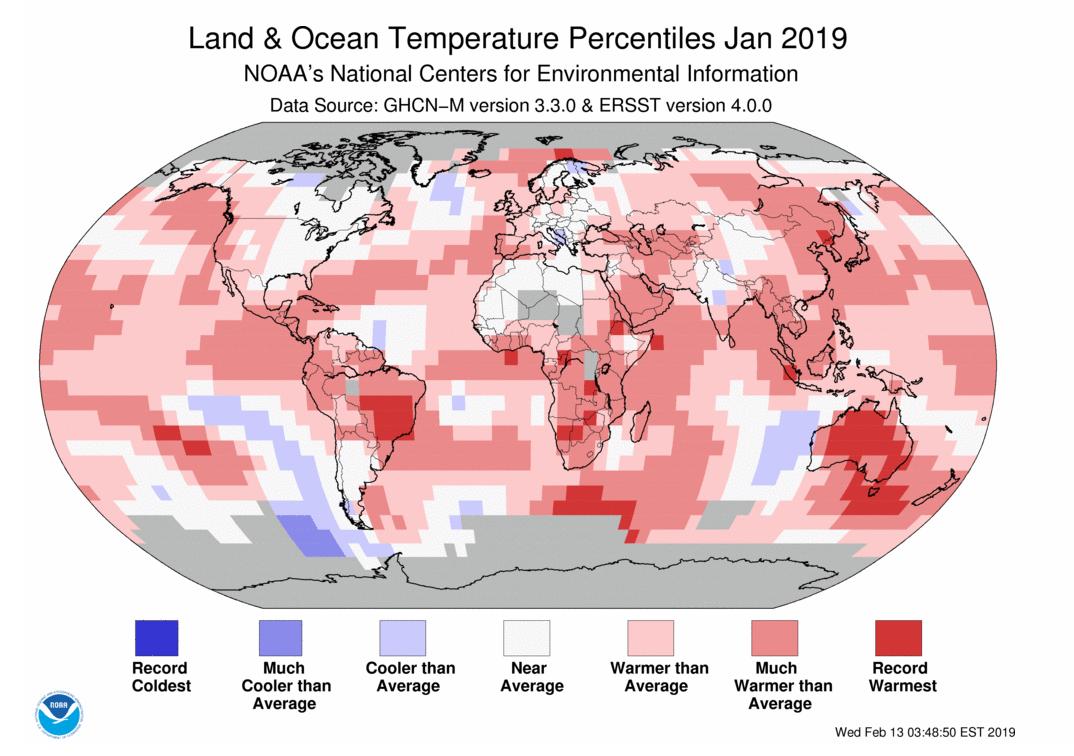 At 1.58°F above the 20th century average, the January 2019 global temperature tied with 2007 for the third warmest January on record: bit.ly/Global201901 #StateOfClimate