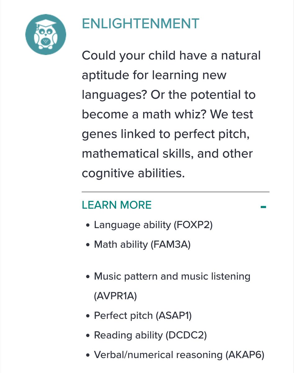 Sorry but existing gene tests cannot predict if a child will be linguistically gifted, adept at maths, or a musical prodigy. Most disturbing, each claim below draws on published science, on complex uncertain findings that get simplified, distorted &amp; monetised. Enlightenment? No.