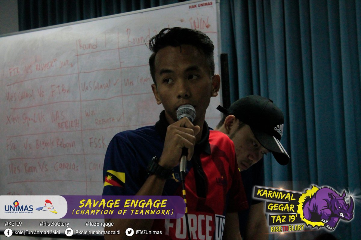 TAZUnimas's tweet photo. [LIVE UPDATE]

SAVAGE ENGAGE : CHAMPION OF TEAMWORK
19 FEBRUARI 2019 (SELASA)
KOLEJ TUN AHMAD ZAIDI

#KGT19
#RiseToGlory
#TazEngage
#EvolusiMahasiswaMenerajuiRevolusi https://t.co/jy6sN4ml4o