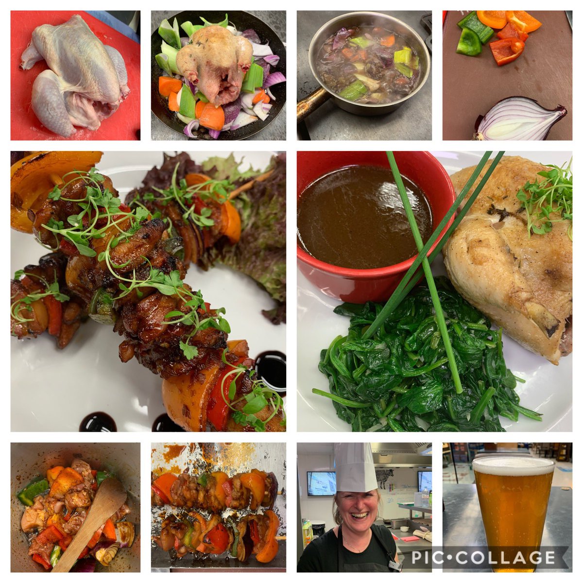 BethanyFood's tweet photo. Day 2 of the Culinary Skills course at @Westking Marinated Chicken Kebabs; Roasted Poussin with Red Wine Jus. Proper lush - that’s dinner sorted.  Huge thanks had to go to @FoodTCentre for creating this opportunity. #MyFeetAche #GotAColdBeerThough #ChefFrancisRocks #LotsOfFun https://t.co/Ph2CeBzOjl
