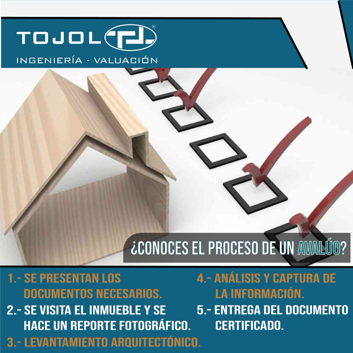 TOJOL_I_V's tweet photo. Conoce el proceso que requiere realizar un avalúo en @Tojol contamos con tiempo determinados de entrega 5 días hábiles. Si necesitas un avalúo somos los correctos. #Tojol #ProcesoAvalúo #EntregaRápida https://t.co/fxm3lZFxRH