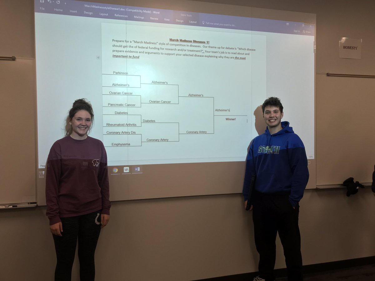 STAAlliedHealth's tweet photo. Ss are gearing up for March Madness looking at diseases. 4 team bracket(which disease would be best to have) 8 team bracket which disease should get more federal money for research and treatment! @STAexcels https://t.co/ddRAGPKBNb
