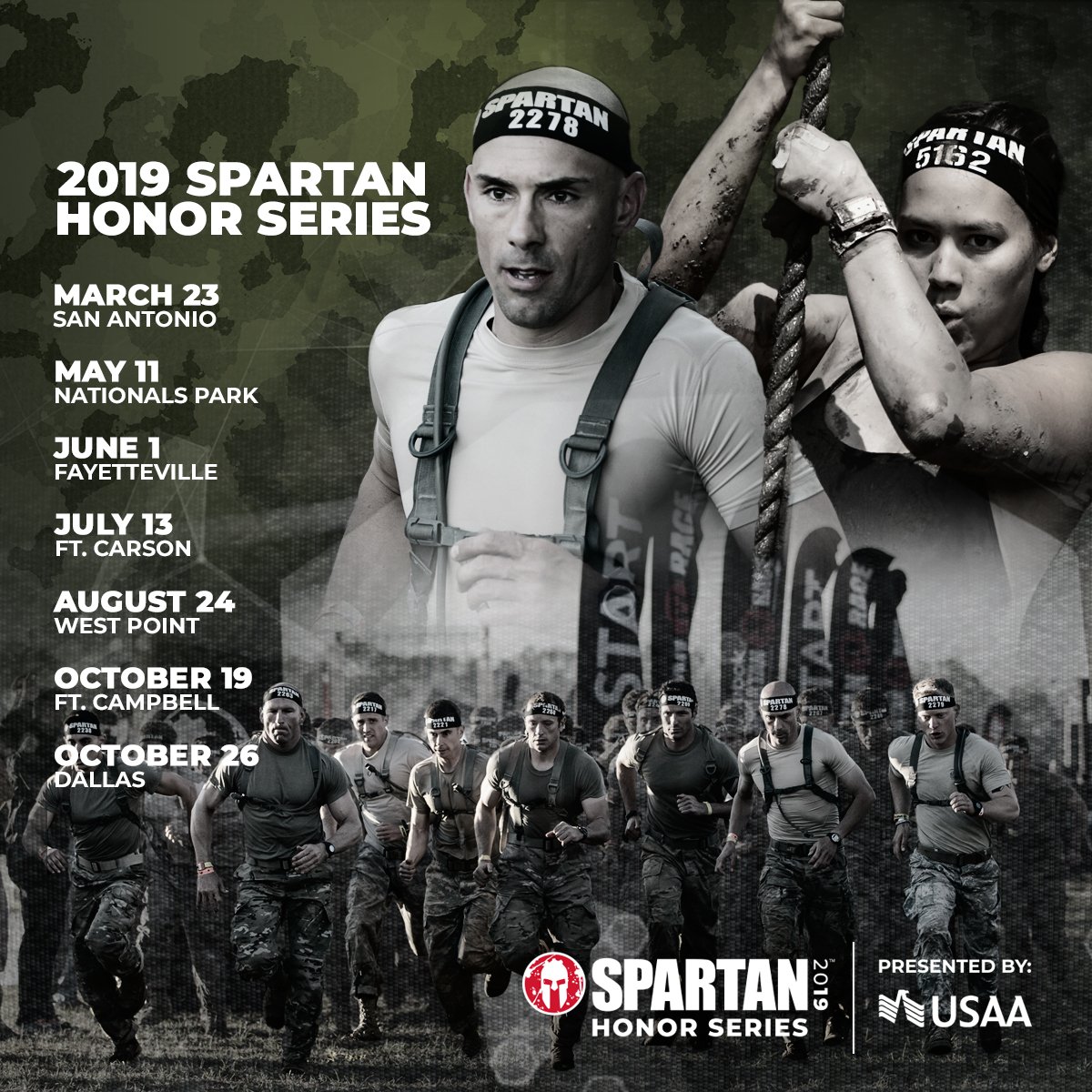 SpartanRace's tweet photo. Do it for those who no longer can. Presenting the 2019 Spartan Honor Series schedule. Prepare to #RunWithHonor
More info ๐ https://t.co/24YOpZyOXW https://t.co/N1LQsxUapY