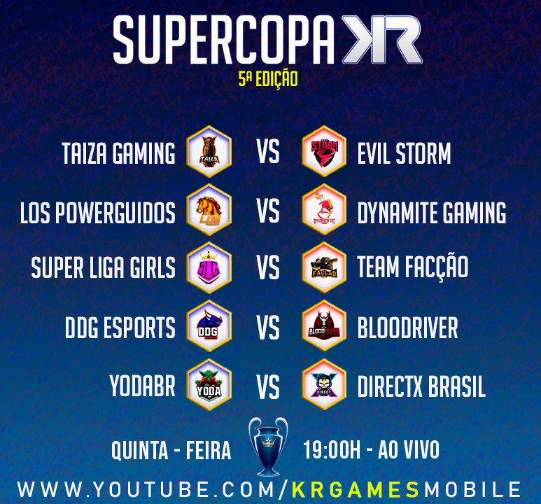CanalKRGames's tweet photo. 🏆SUPERCOPA KR - 5a Edição

🗣️Tabela dos primeiros jogos da 1ª Fase - Início nesta quinta-feira

⏰19:00h
🆚5 x 5
⛔️Perdeu, está eliminado
📺https://t.co/bsXwTu4CrC

🎖️Qual será o time vencedor desta edição?

❤️e🔁Vamoooo https://t.co/bTioE69DwC