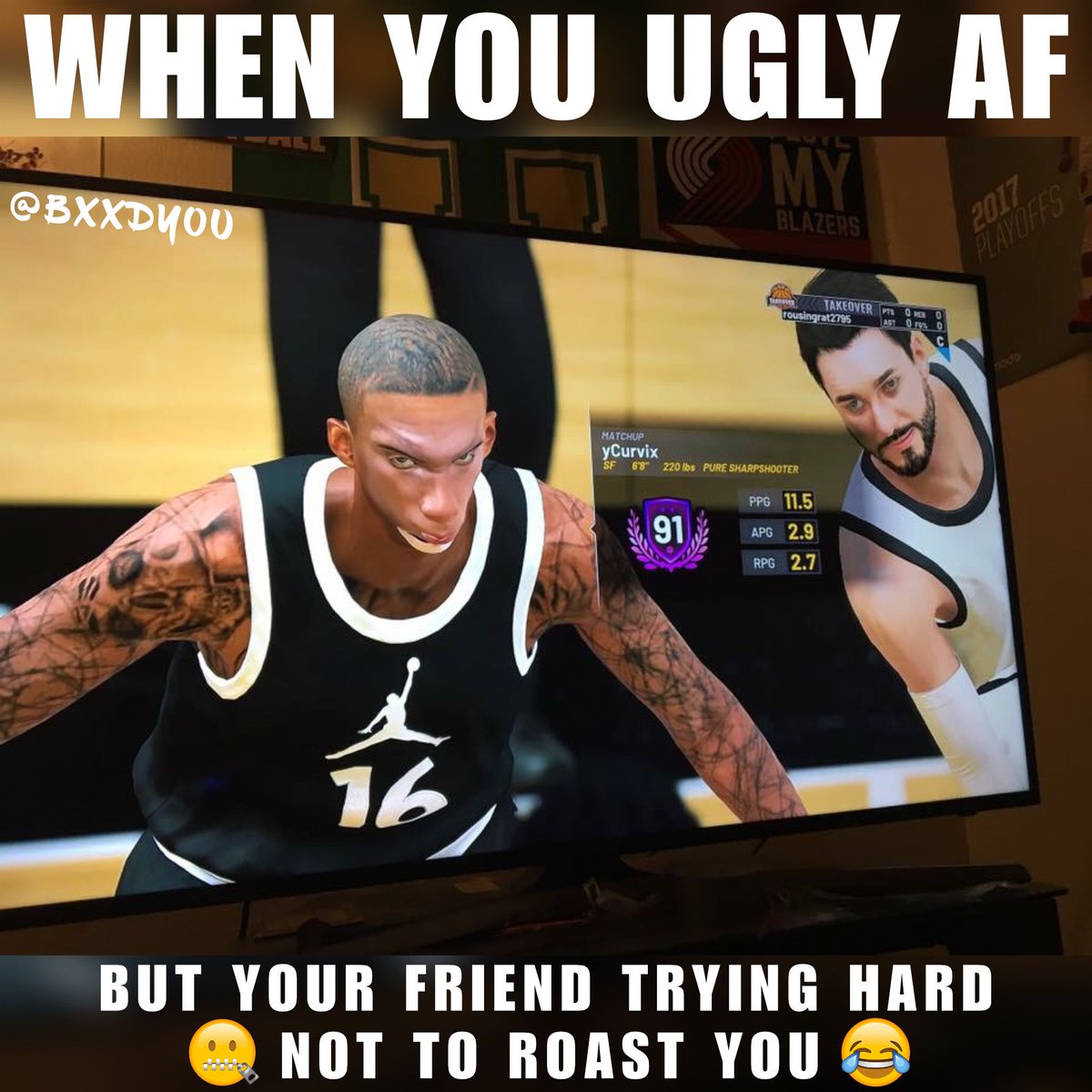BXXDYOU's tweet photo. Straight toxic, can't believe this was caught in a 2K game. We had to do it!
🎮
🎮
🎮
Relevant tags:⠀
#2k⠀
#2k19
#nba2k19
#basketballmeme
#basketballgame
@NBA⠀
#nba⠀
#sporsgames⠀
#basketball⠀
#myplayer⠀
#createmyplayer⠀
#blazers⠀
#goldstate⠀
#goldstatewarriors⠀ https://t.co/31OiVKJ1S2