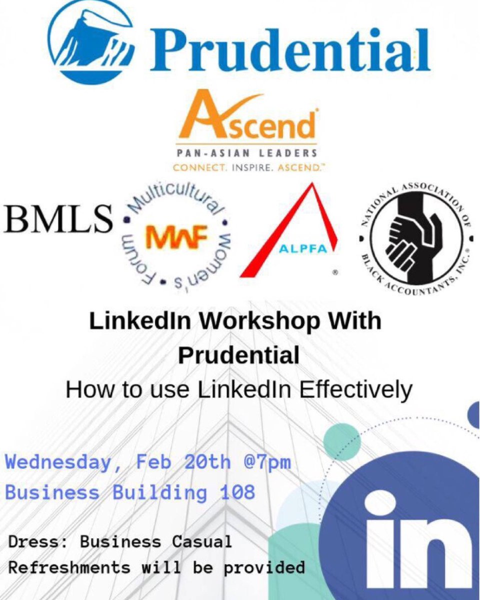 ALPFAPennState's tweet image. Quick reminder for everyone that there&apos;s a workshop TOMORROW hosted by Prudential and several multicultural orgs. Join us for this great event and learn how to use LinkedIn to its full potential!