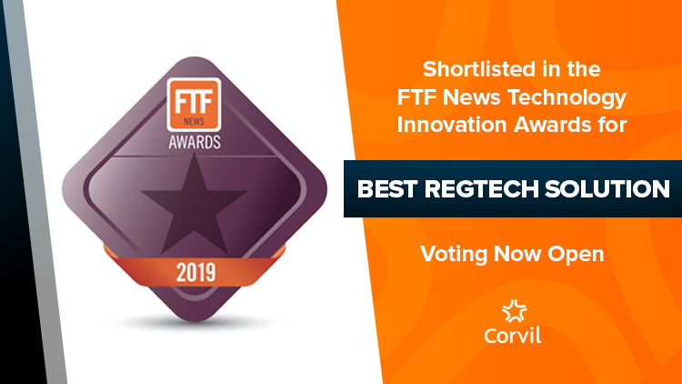 CorvilInc's tweet photo. We are delighted to be shortlisted for a 2019 FTF News Technology Innovation Award. Please cast a vote for Corvil here: https://t.co/dNBrHC9eLW #Regtech #Corvil #FTFAwards https://t.co/rEvpNJJkhu