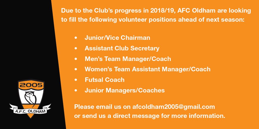Want to get involved with your local grassroots community club? We're still looking to fill the following positions. Please RT. #Grassroots #Coaching #FutsalFeb #OldhamHour #TeamAFCO