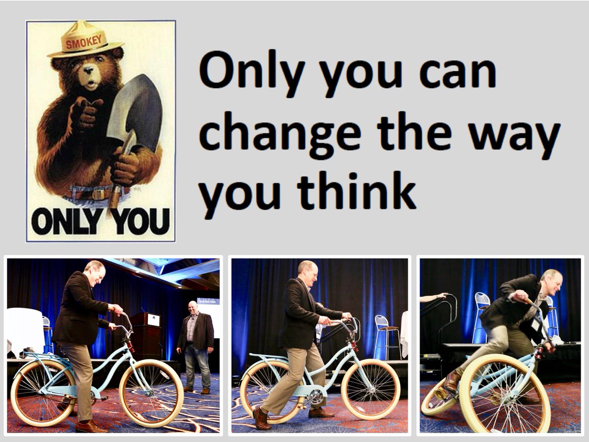 RealMikeRother's tweet photo. At #KataCon5 our Kata colleages Stephen Derksen and @SkipSteward demonstrate (dramatically) with a backward-brain bicycle how only explaining something is not enough to change behavior and mindset. Takes practice. https://t.co/sGguceRzfY