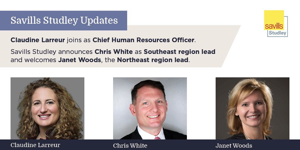 SavillsNA's tweet image. #SavillsStudley appoints new executives: Claudine Larreur, Janet Woods and Chris White bring years of experience to their new roles spanning #HR, #brokerage and #realestate transaction management. Learn more: bit.ly/2ttCsbS
