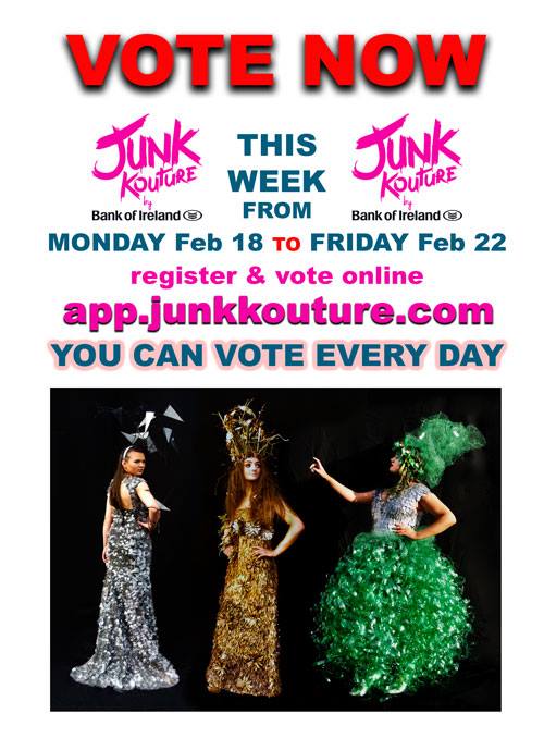PPSSFethard's tweet photo. Please vote for our 3 entries for Junk Kouture. Voting is all this week, ending on Friday 22nd February at Midnight. The names of our entries are:
“In a Tangle”, recycled water bottles, “EleMENTAL”, discarded prescription drugs packaging, and “Athena”thousands of sycamore seeds! https://t.co/Ap6nmvPERn