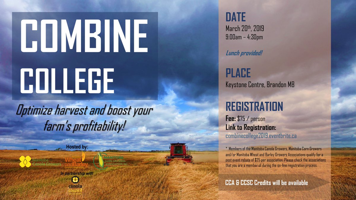 ManitobaCanola's tweet photo. Have you signed up for Combine College yet?  

March 20, 2019
Brandon, MB

Come learn how you can optimize harvest and boost your farm's profitability
 
SPACES LIMITED - REGISTER TODAY 
https://t.co/oy1xs792r8 https://t.co/faIOsA3VOZ