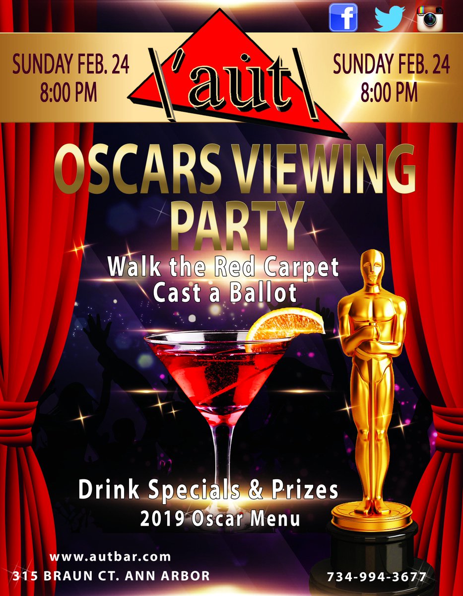 autbar's tweet photo. #Oscars2019 Viewing Party @autBar w/ Big Screen Walk down the #RedCarpet. Pick the Winners. Sun Feb 24th @ 8pm. Fun Food &amp; Grand Prize #A2Food  #A2Foodie #annarbor #realypsi @UmichStudents @UMSpectrumCtr #Jimtoycenter @glbtbooks @ILoveGayMI @ILoveGayDetroit @lgbtrc_emu #glbt #gay https://t.co/mjxPxnhh6A