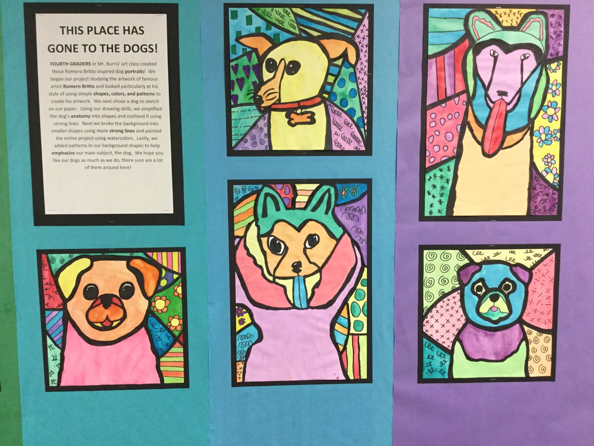 RREartBurris's tweet photo. 4th graders at RRE designed these Romero Britto inspired dogs!  So cool!  #RREpride https://t.co/9iUev3Djll
