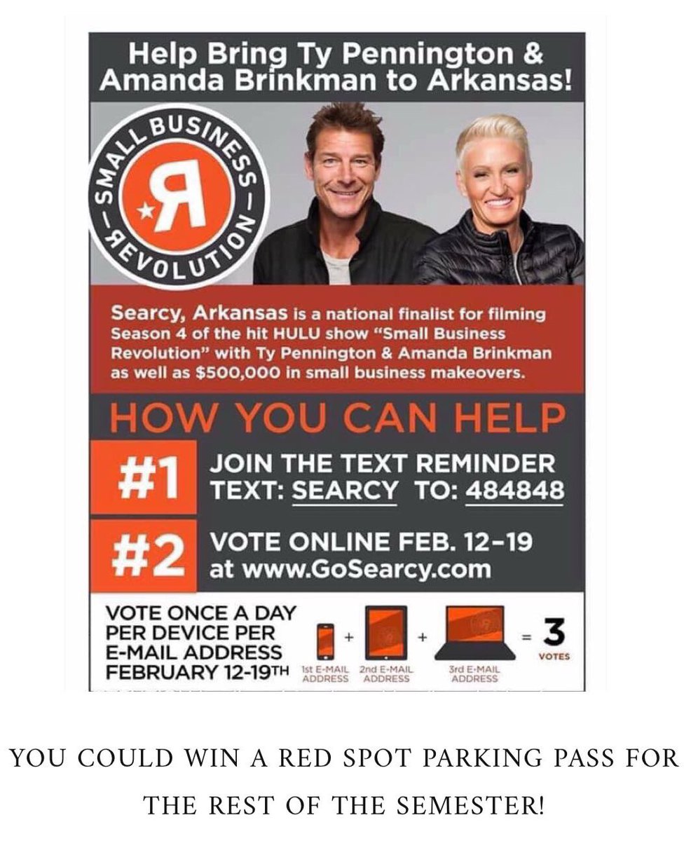 SAHardingU's tweet image. To encourage students to vote for Searcy, the Student Association will be giving away a red spot parking pass to one student for the rest of the semester! To enter, you must (1) post the link to vote for #mysearcy, (2) tag the SA and (3) tag two friends who do not go to Harding.