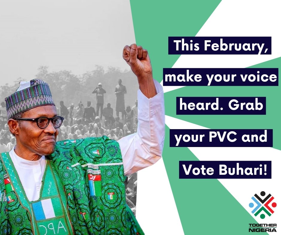 Together Nigeria (@togetherng) on Twitter photo ONLY 3 DAYS TO GO NIGERIA! We have our PVC's and we'll be voting for President <a href="/MBuhari/">Muhammadu Buhari</a>.
#VoteBuhari #YourVoteYourFuture ONLY 3 DAYS TO GO NIGERIA! We have our PVC's and we'll be voting for President <a href="/MBuhari/">Muhammadu Buhari</a>.
#VoteBuhari #YourVoteYourFuture