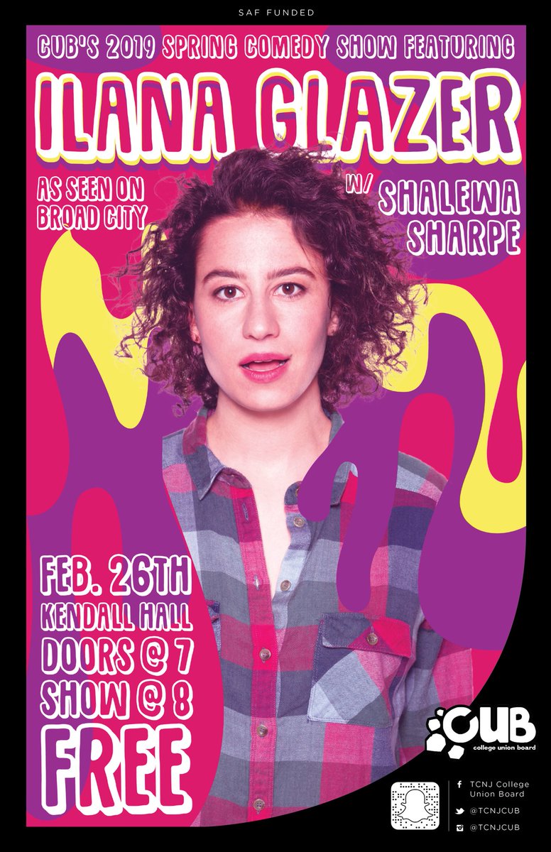 CUB is thrilled to announce our 2019 Spring Comedy Show featuring Ilana Glazer of Broad City!!! Join us in Kendall Hall on Tuesday, February 26th at 7:00pm! This event is FREE with a TCNJ ID! For more info, go to our event page on Facebook!