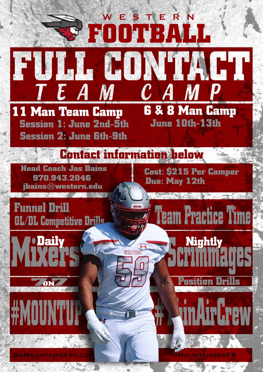 2019 @MountaineerFB Full Contact Team Camps --- For more information please contact me at (970) 943-2046 or jbains@western.edu . 1,200+ campers / 30+ high school teams each summer. #MountUp #ThinAirCrew #FullContactTeamCamp