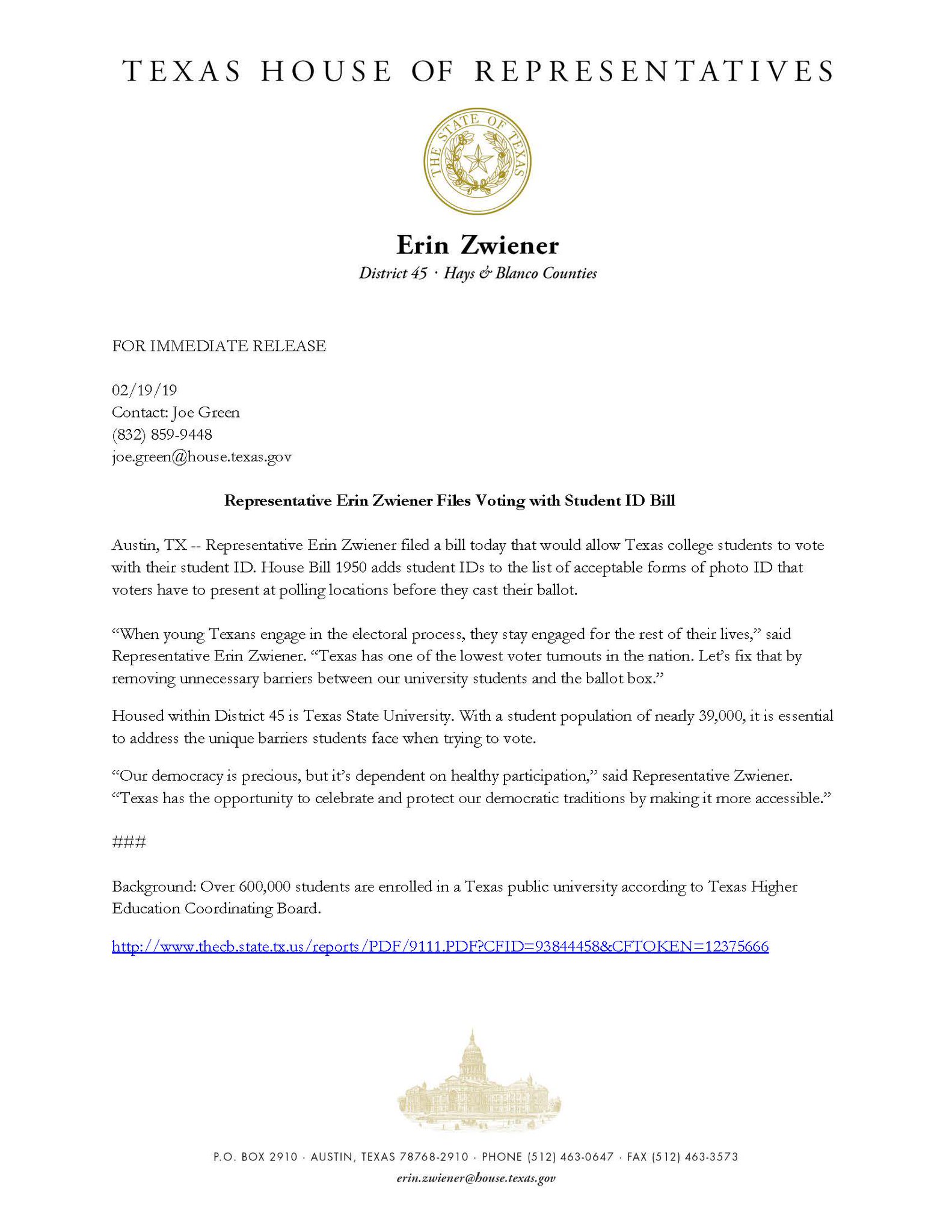 Erin Zwiener on Twitter "Today, I filed HB 1950 that would allow