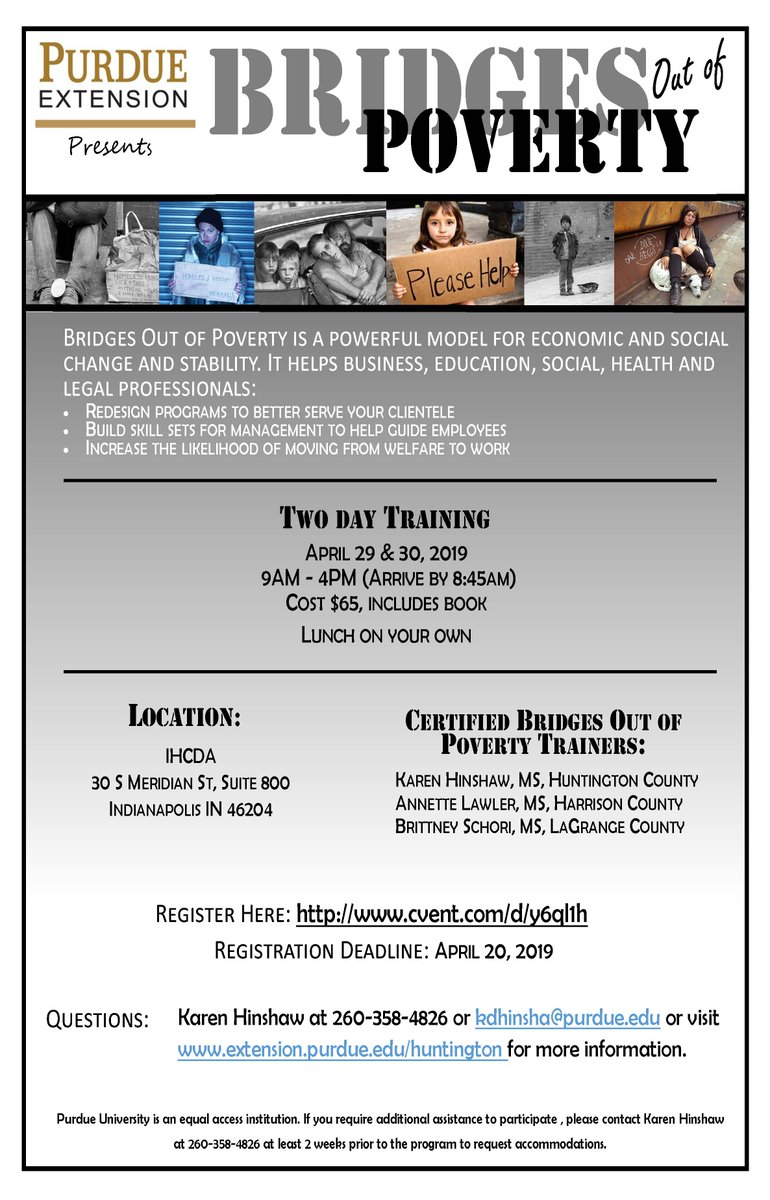 Are you interested in helping people move from poverty to self sufficiency?  Bridges Out of Poverty is a two day workshop that can help.  This workshop is coming to Indianapolis, IN on April 29 &amp; 30, 2019!  Register at:
cvent.com/events/bridges…