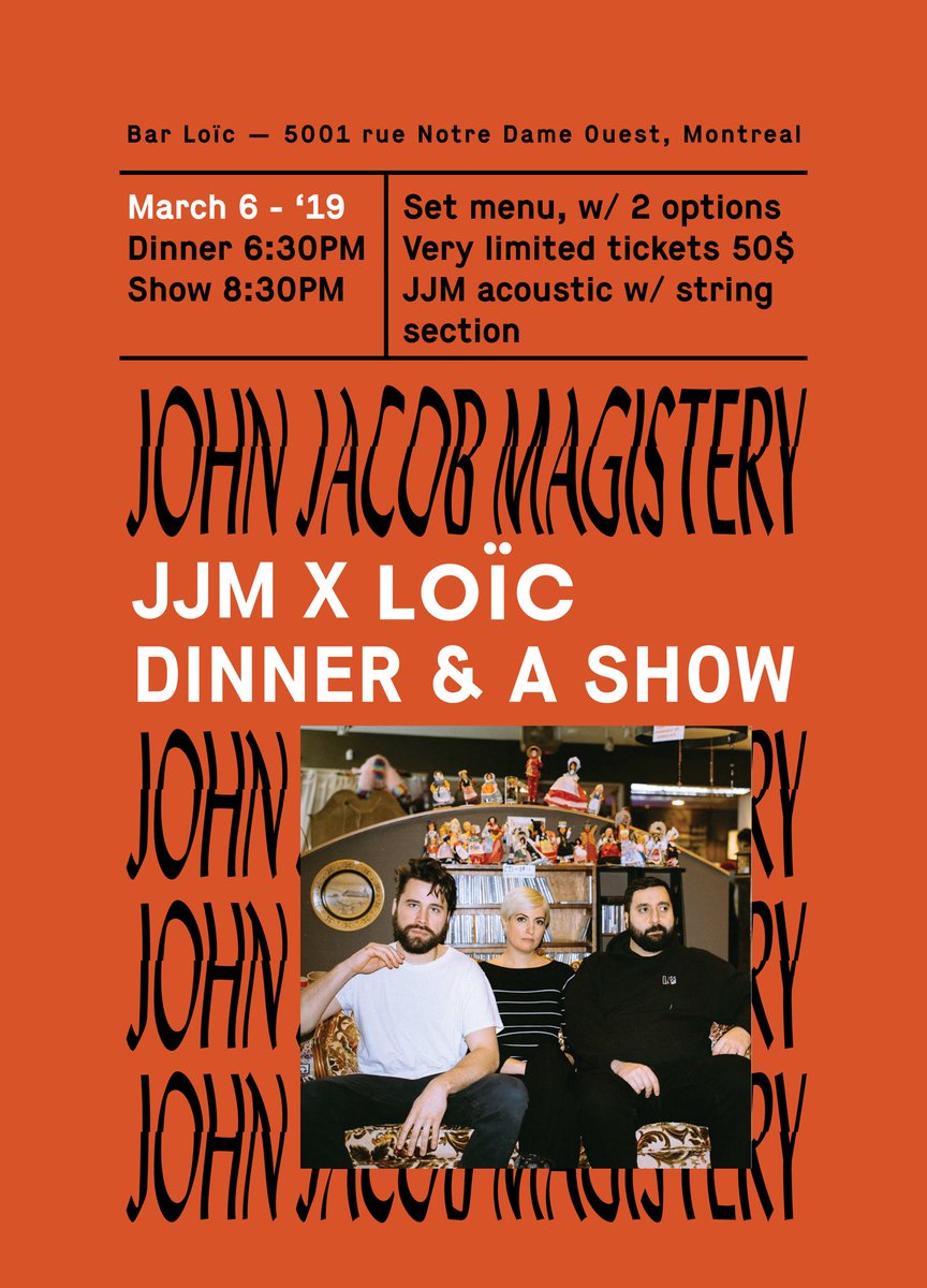 🚨🚨🚨 March 6th: JJM is doing a special collaboration with the Restaurant / Bar à Vin <a href="/bar_loic/">Loïc</a> (located in St. Henri). 🚨🚨🚨
ONLY A FEW LEFT SO GET YOUS AND YOURS NOW. 
Tickets through the 🔗below 💛
jjmagistery.com/live