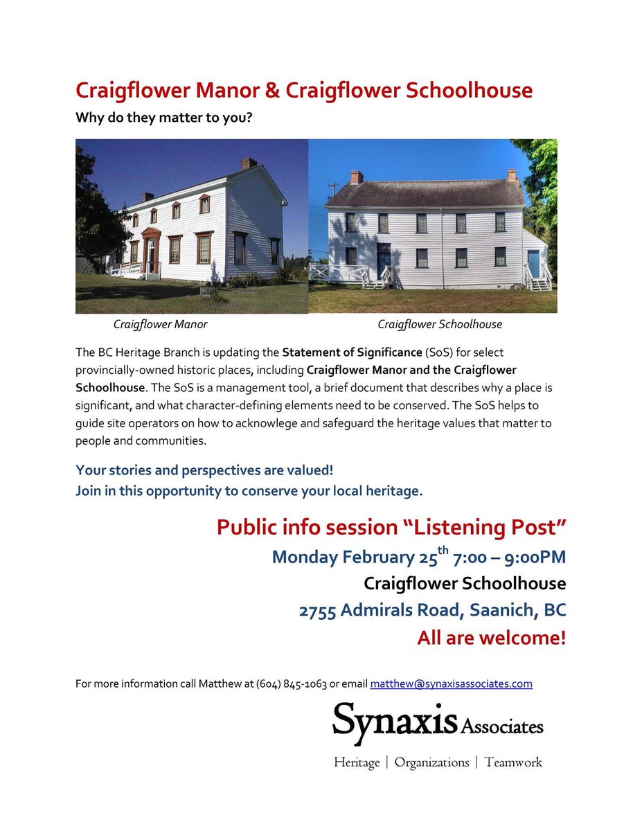 Share your heritage! surveymonkey.com/r/CraigflowerM… &amp; surveymonkey.com/r/CraigflowerS… <a href="/TownofViewRoyal/">Town of View Royal</a> <a href="/saanich/">District of Saanich</a> <a href="/VictoriaNews/">Victoria News</a> <a href="/uvic/">UniversityOfVictoria</a>