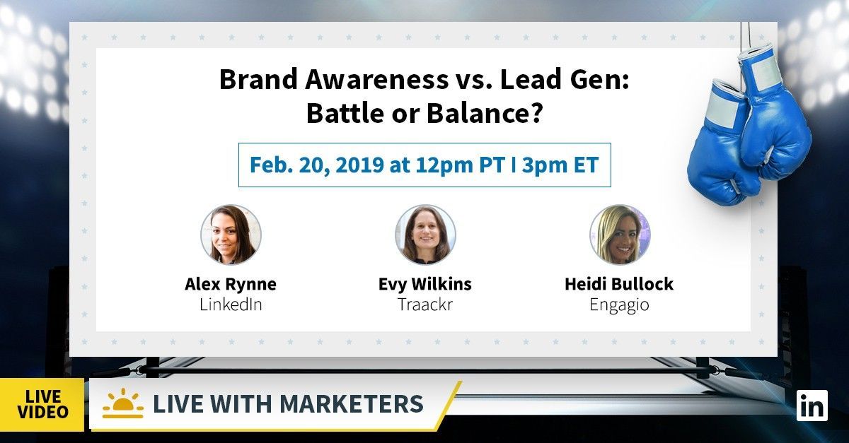 Brand Awareness vs. Lead Gen. Is it a battle or a balance? Live from @linkedin, top marketing leaders <a href="/HeidiBullock/">Heidi Bullock</a>, <a href="/evylyons/">Evy Lyons 🆒🙌💪</a> and Alex Rynne discuss. Register for this event on Feb. 20th at 12pm PT bit.ly/2HY6VsL