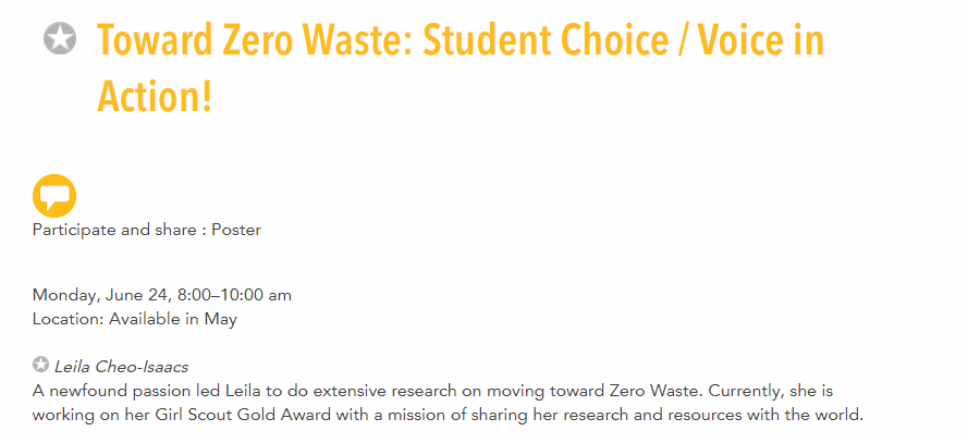 mr_isaacs's tweet photo. Love seeing this in the @iste #iste19 schedule! #zerowasteLeila #stuvoice #stuchoice #stuleadership #stupresenters Toward Zero Waste: Student Voice in Action! https://t.co/KkJzxvTA7U