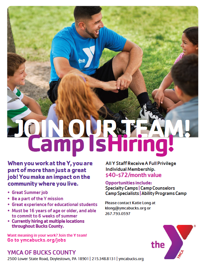 PACareerlinkBC's tweet photo. YMCA OF BUCKS COUNTY Camp is hiring! 
• Great Summer job
• Be a part of the Y mission
• Great experience for educational students
• Must be 16 years of age or older, and able to commit to 6 weeks of summer
See flyer below for more information!
#YMCA #Summer #jobs #BucksCounty https://t.co/ezp23UO3CF