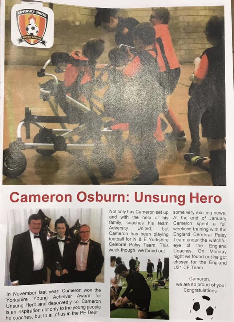 ClairOsburn1's tweet photo. @osburn_cameron  and @AdversityUnited made @HGSPhysicalEd newsletter 😊   @YorksAchievers #football #disabiltyfootball #inclusion #nevergiveup https://t.co/2I1JdgHLkZ
