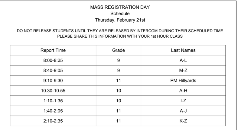 BHS_Counseling's tweet photo. Mass Registration Day is THURSDAY! Below is the schedule! Please wait to be released by Intercom at your scheduled time! You will get your registration card from your 1st hour teacher on Thursday. https://t.co/J707UiJ4L3