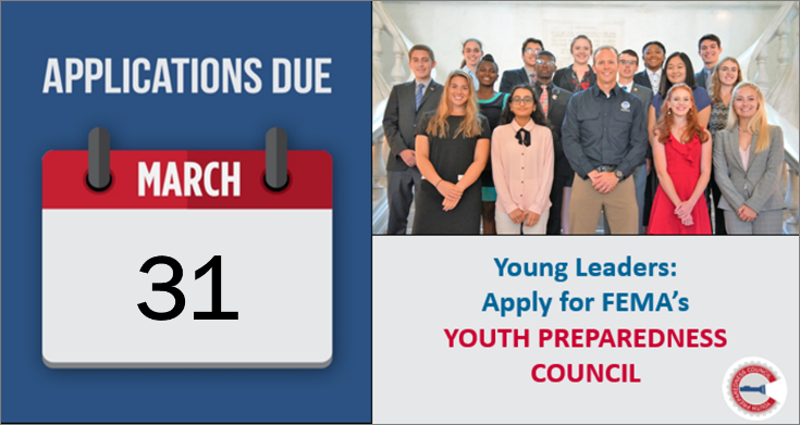 fema's tweet photo. 📣 Help spread the word: we’re looking for 8th-11th grade students to join our Youth Preparedness Council! 

This is a great way for teens across the country to help their communities be more safe, prepared and resilient. 

Apply by March 31: https://t.co/nwqpVrKgEx 
#FEMAYPC https://t.co/hRjPl06LQp