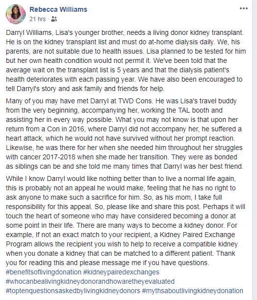 TeamAndyLincoln's tweet photo. Please see the following post from our dear @lcwilli1's mother, Rebecca, about her son and Lisa's younger brother, Darryl. #SignalBoost #TWDFamily #TeamAndyLincoln #AndrewLincoln https://t.co/soDByKvwlC