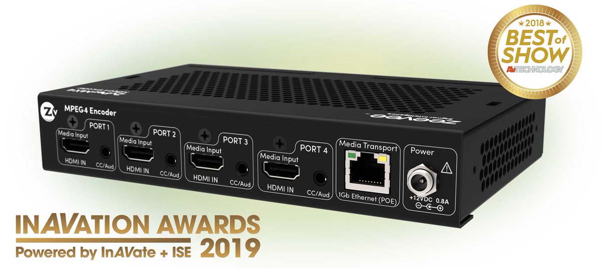 btxtechnologies's tweet photo. Congrats to @inavate #InAVation Award winner @ZeeVeeInc for ZyPerMX4 quad channel H.264 encoder! Delivers 1080p/720p video over Ethernet. Unicast, multicast or HLS. #PoE too. Let us know how we can help with your #AVoverIP project featuring ZeeVee! https://t.co/YBJaO38rRx