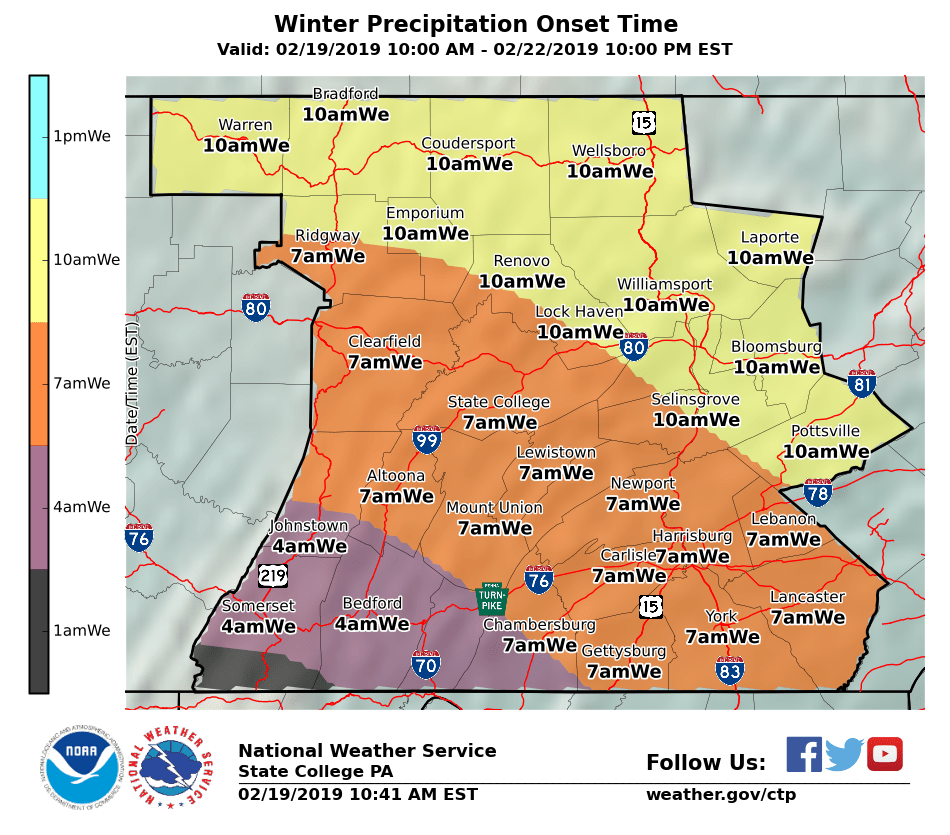 NWSStateCollege's tweet photo. Snow will develop later tonight and continue into Wednesday. The snow will gradually changeover to sleet and freezing rain before ending Wednesday night. Here is the latest snow and ice accumulation forecast, as well as the expected onset time of the snow. #ctpwx https://t.co/Z8qyFnxeqA