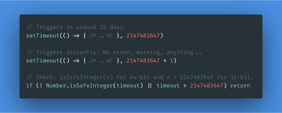 Prepager's tweet image. Had the pleasure of debugging the setTimeout/setInterval functions instantly triggering when receiving anything higher than a 32-bit number. No error, warning, anything... Guess I won't blindly convert seconds to milliseconds anymore. 😅 #webdev #javascript